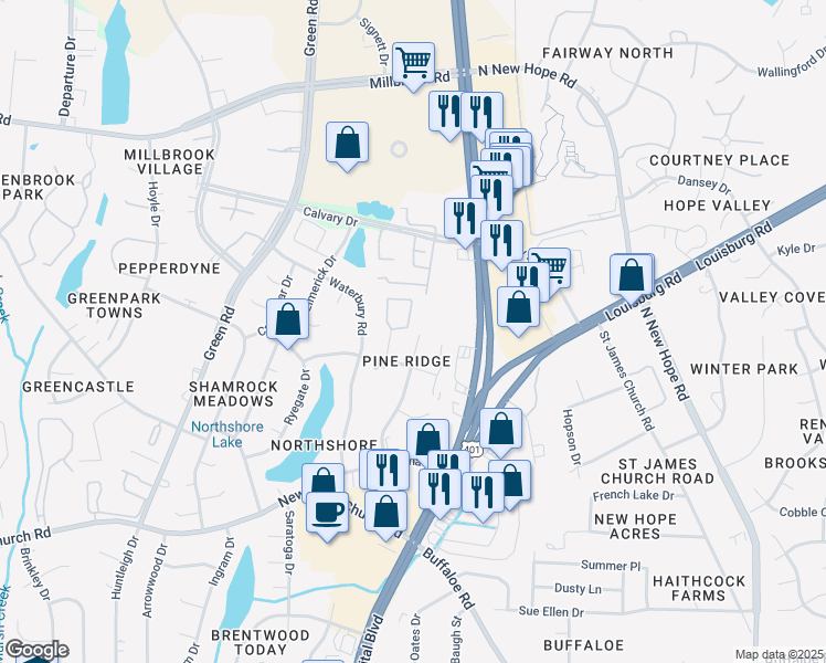 map of restaurants, bars, coffee shops, grocery stores, and more near 4416 Roller Court in Raleigh