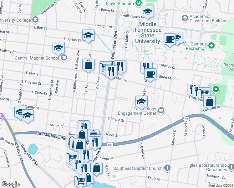 map of restaurants, bars, coffee shops, grocery stores, and more near 1013 Richland Place in Murfreesboro
