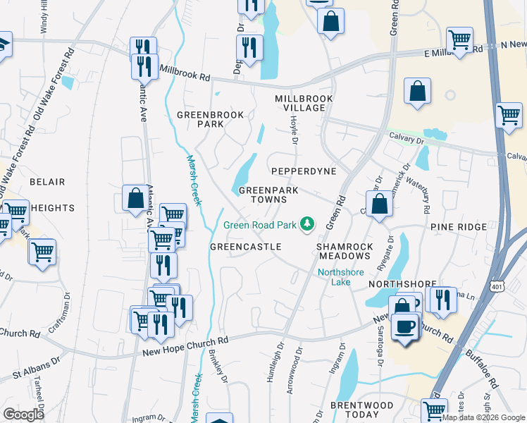 map of restaurants, bars, coffee shops, grocery stores, and more near 4600 Ravi Road in Raleigh