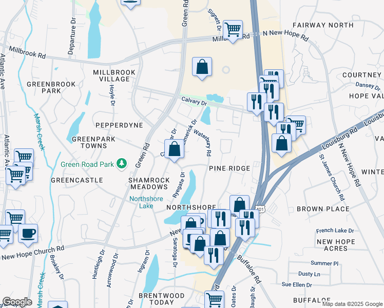 map of restaurants, bars, coffee shops, grocery stores, and more near 3112 Selkirk Place in Raleigh