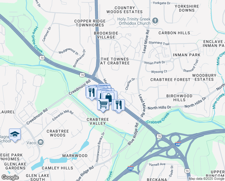 map of restaurants, bars, coffee shops, grocery stores, and more near 4500 Marriott Drive in Raleigh