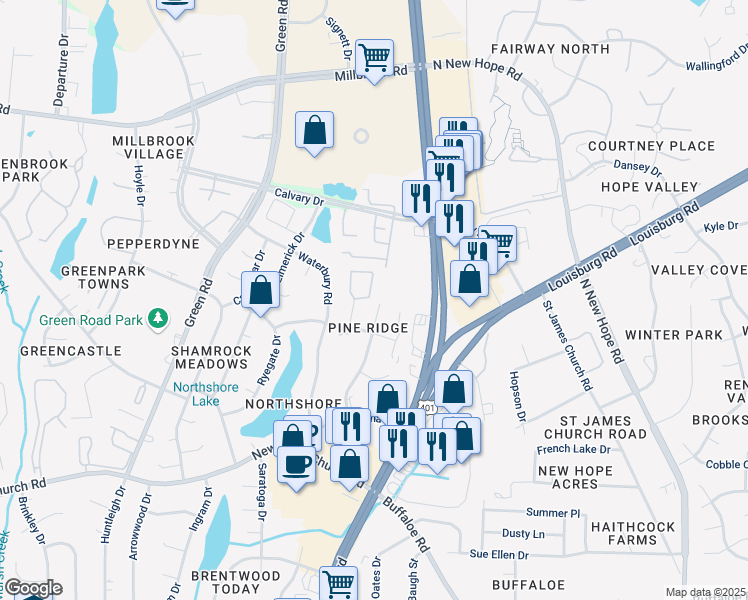map of restaurants, bars, coffee shops, grocery stores, and more near 4416 Roller Court in Raleigh