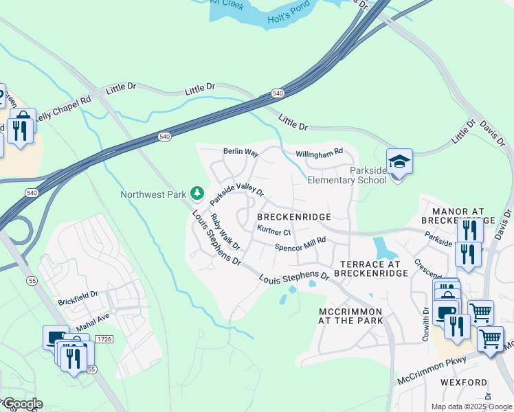 map of restaurants, bars, coffee shops, grocery stores, and more near 216 Kurtner Court in Morrisville