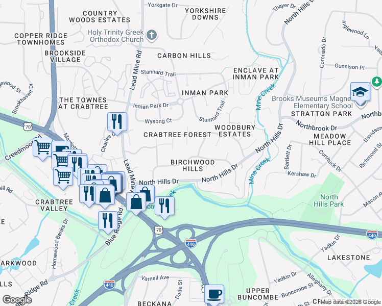 map of restaurants, bars, coffee shops, grocery stores, and more near 2011 Hillock Drive in Raleigh