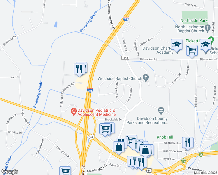 map of restaurants, bars, coffee shops, grocery stores, and more near 117 Fining Court in Lexington