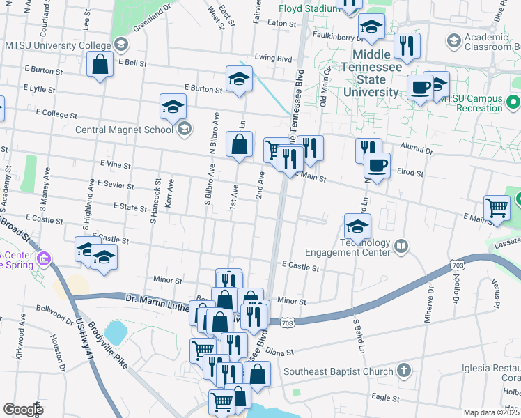 map of restaurants, bars, coffee shops, grocery stores, and more near 1021 Donnell Street in Murfreesboro