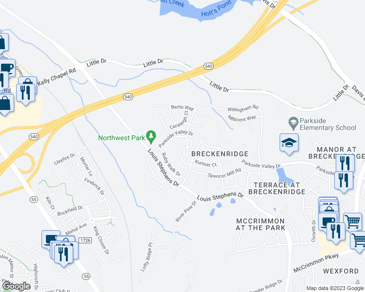 map of restaurants, bars, coffee shops, grocery stores, and more near 506 Sutter Gate Lane in Morrisville