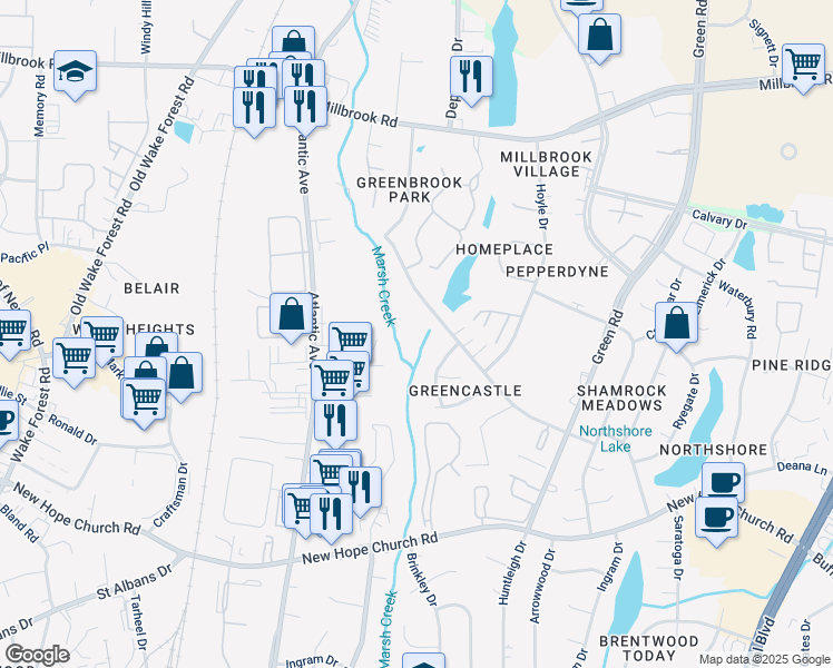 map of restaurants, bars, coffee shops, grocery stores, and more near 4551 Brockton Drive in Raleigh