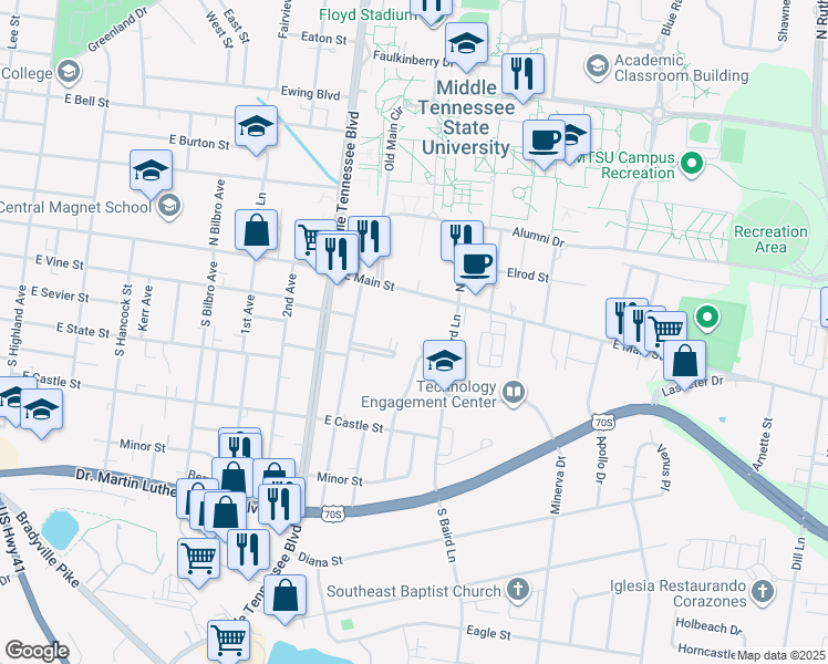 map of restaurants, bars, coffee shops, grocery stores, and more near 1418 East Main Street in Murfreesboro