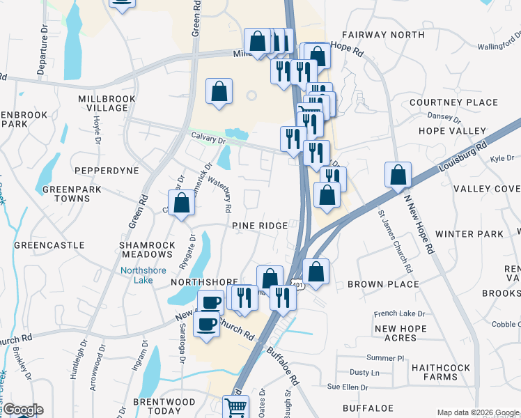 map of restaurants, bars, coffee shops, grocery stores, and more near 4438 Roller Court in Raleigh