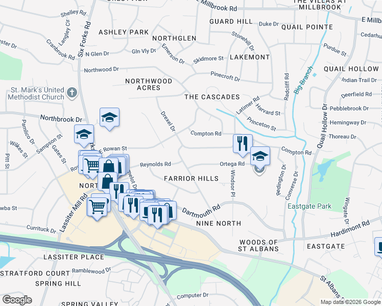 map of restaurants, bars, coffee shops, grocery stores, and more near 309 Latimer Road in Raleigh