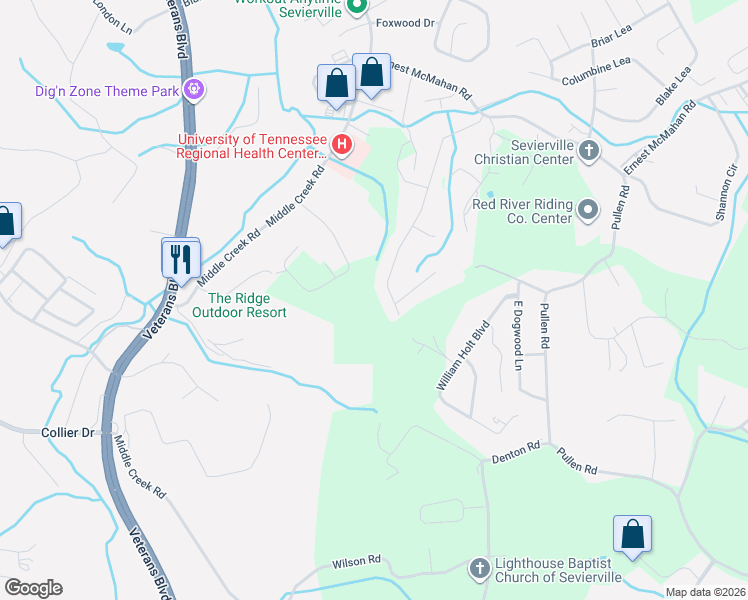 map of restaurants, bars, coffee shops, grocery stores, and more near 1060 Fine Glen Drive in Sevierville