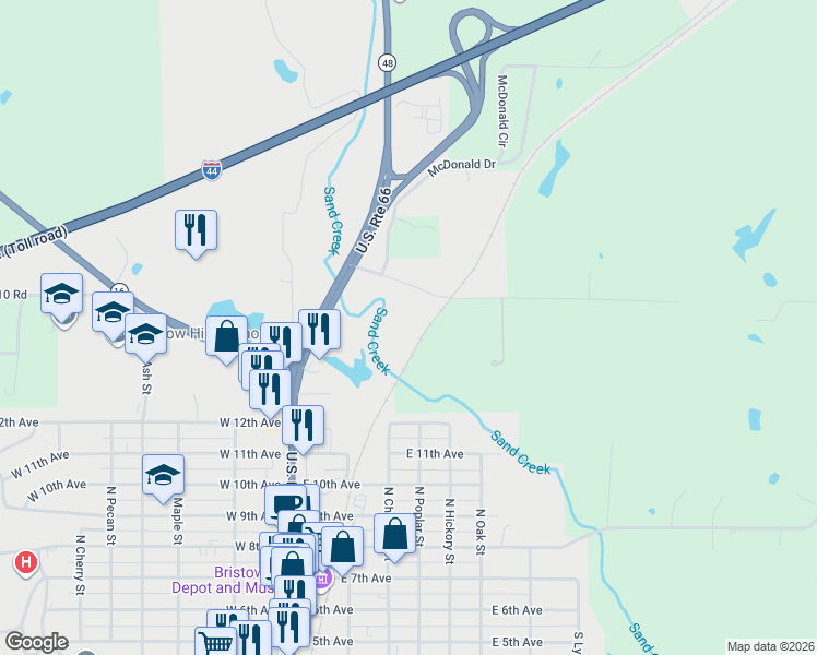 map of restaurants, bars, coffee shops, grocery stores, and more near 35148 E0810 Road in Bristow