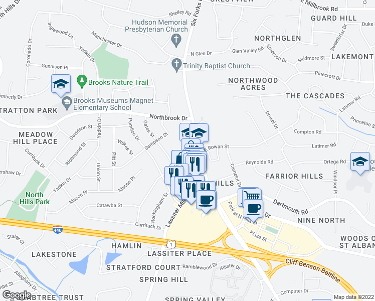 map of restaurants, bars, coffee shops, grocery stores, and more near 4523 Six Forks Rd in Raleigh
