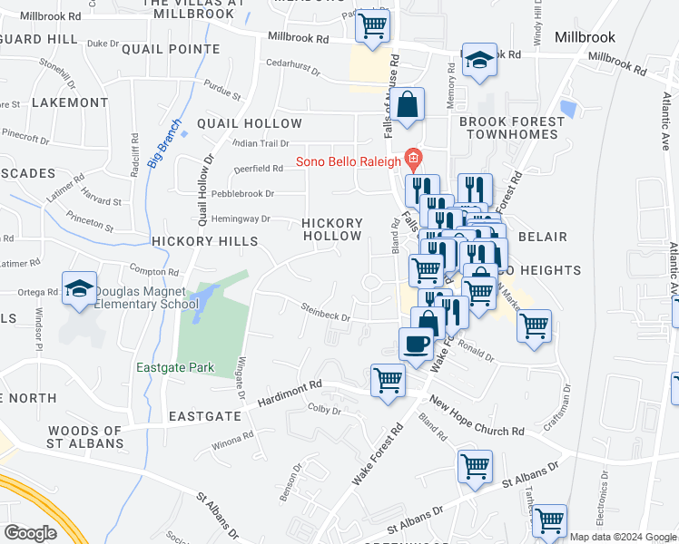map of restaurants, bars, coffee shops, grocery stores, and more near 4332 Hickory Ridge Drive in Raleigh