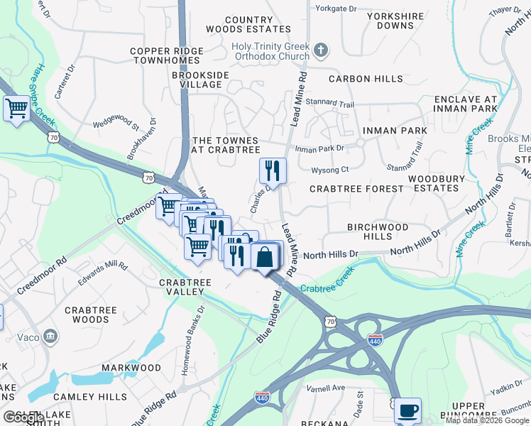 map of restaurants, bars, coffee shops, grocery stores, and more near 4517 Lead Mine Road in Raleigh
