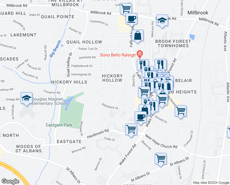 map of restaurants, bars, coffee shops, grocery stores, and more near 4332 Hickory Ridge Drive in Raleigh