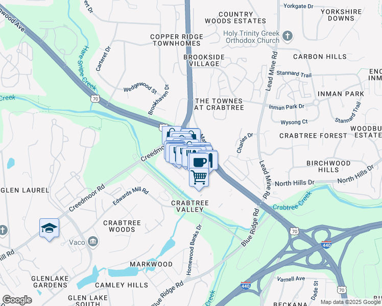 map of restaurants, bars, coffee shops, grocery stores, and more near 4601 Glenwood Avenue in Raleigh