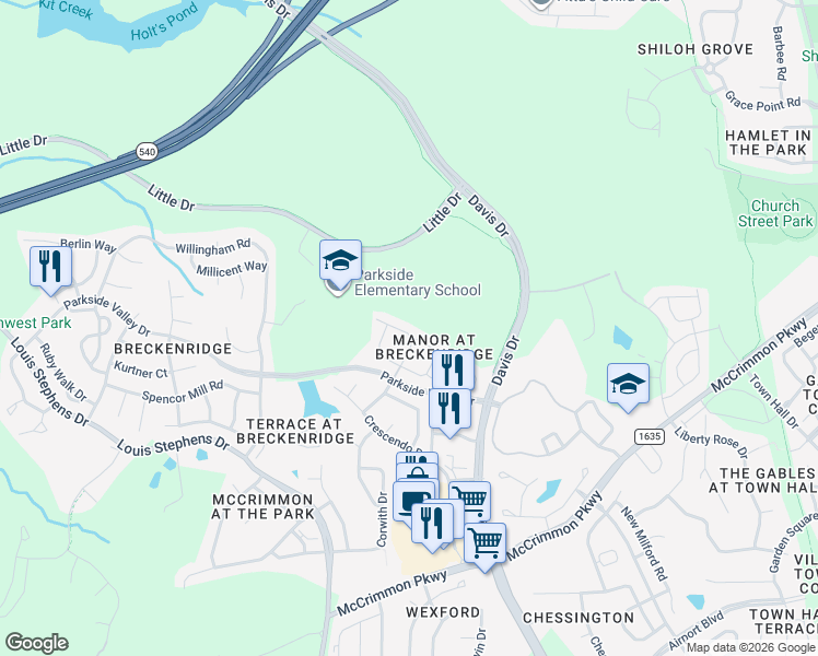 map of restaurants, bars, coffee shops, grocery stores, and more near 304 Mannington Drive in Morrisville