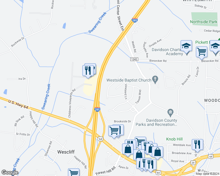map of restaurants, bars, coffee shops, grocery stores, and more near 127 Wintergreen Court in Lexington
