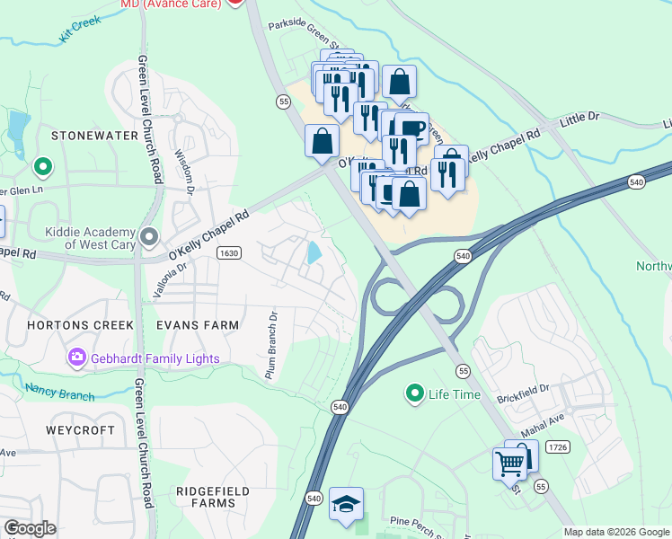 map of restaurants, bars, coffee shops, grocery stores, and more near 2036 Alston Avenue in Cary