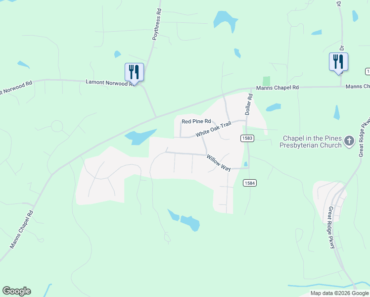 map of restaurants, bars, coffee shops, grocery stores, and more near 42 White Oak Trail in Chapel Hill
