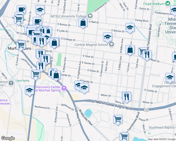 map of restaurants, bars, coffee shops, grocery stores, and more near 314 South University Street in Murfreesboro