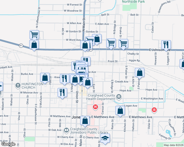 map of restaurants, bars, coffee shops, grocery stores, and more near 211 Cate Avenue in Jonesboro