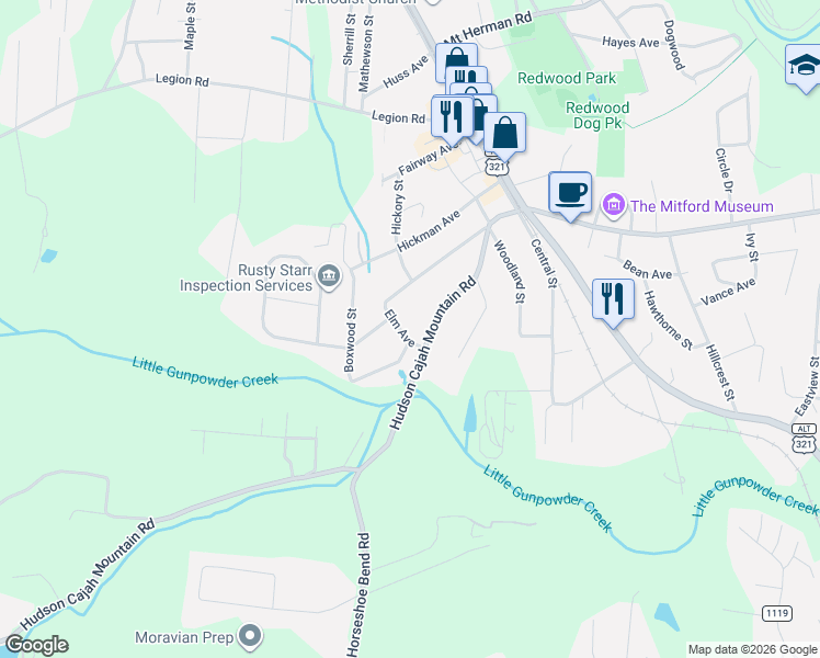 map of restaurants, bars, coffee shops, grocery stores, and more near 180 Hudson Cajah Mountain Road in Hudson