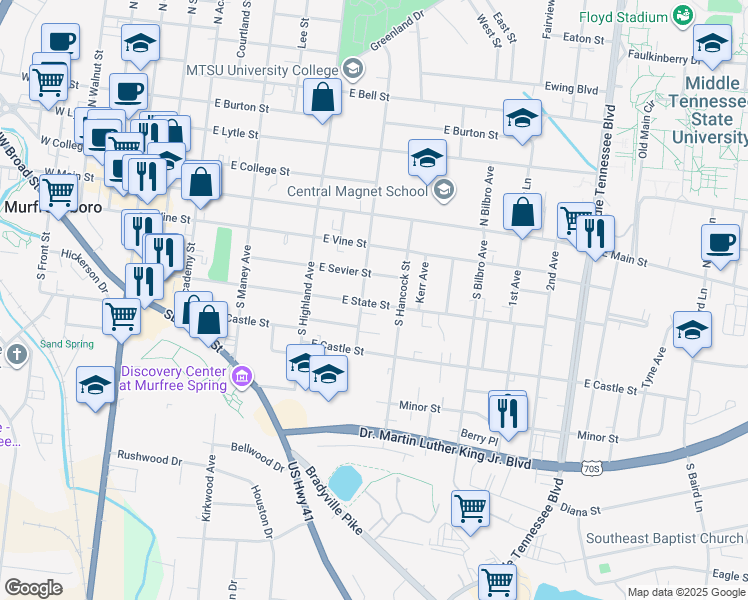 map of restaurants, bars, coffee shops, grocery stores, and more near 607 East State Street in Murfreesboro