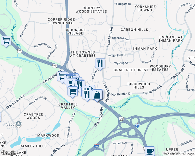 map of restaurants, bars, coffee shops, grocery stores, and more near 4408 Marriott Drive in Raleigh