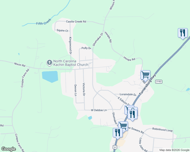 map of restaurants, bars, coffee shops, grocery stores, and more near 258 Shumaker Drive in Statesville