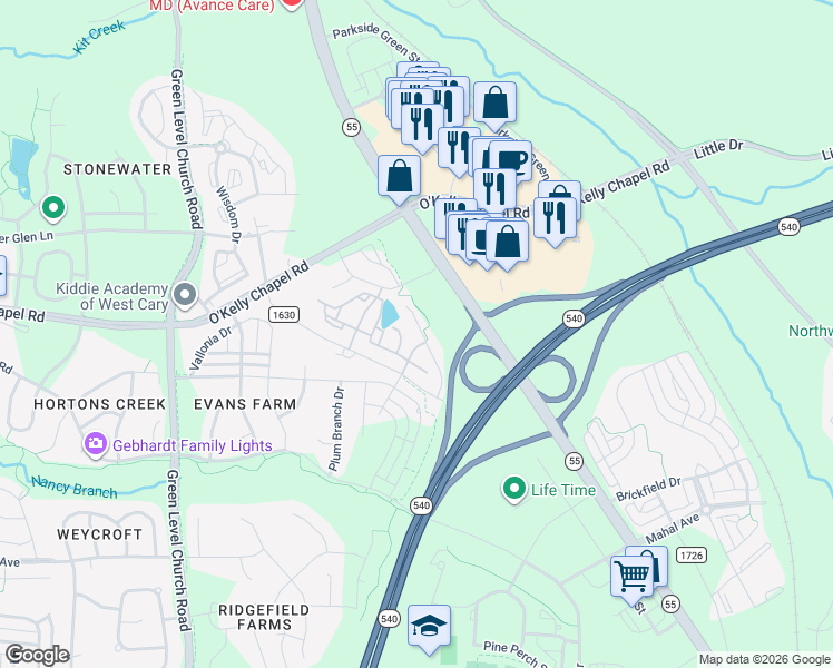 map of restaurants, bars, coffee shops, grocery stores, and more near 2036 Alston Avenue in Cary