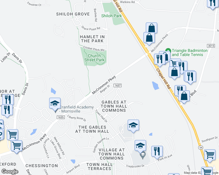 map of restaurants, bars, coffee shops, grocery stores, and more near 222 Begen Street in Morrisville