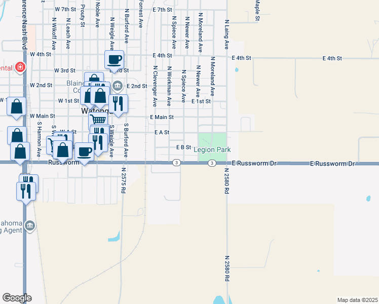 map of restaurants, bars, coffee shops, grocery stores, and more near 220 South Spiece Avenue in Watonga