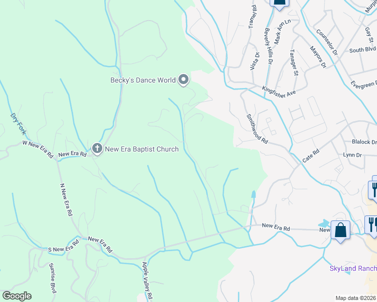 map of restaurants, bars, coffee shops, grocery stores, and more near Bluebird Cove Way in Sevierville