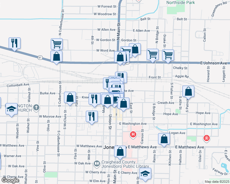 map of restaurants, bars, coffee shops, grocery stores, and more near 201 South Main Street in Jonesboro