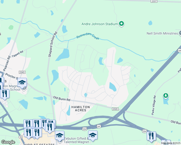 map of restaurants, bars, coffee shops, grocery stores, and more near 809 Frosty Way in Zebulon