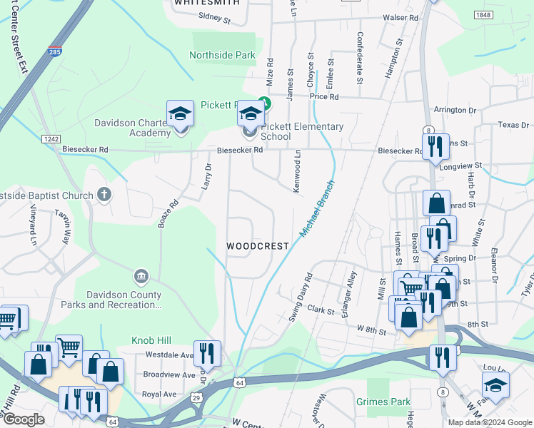 map of restaurants, bars, coffee shops, grocery stores, and more near 214 Woodhaven Drive in Lexington