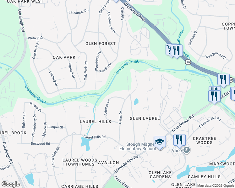 map of restaurants, bars, coffee shops, grocery stores, and more near 4235 Arbutus Drive in Raleigh
