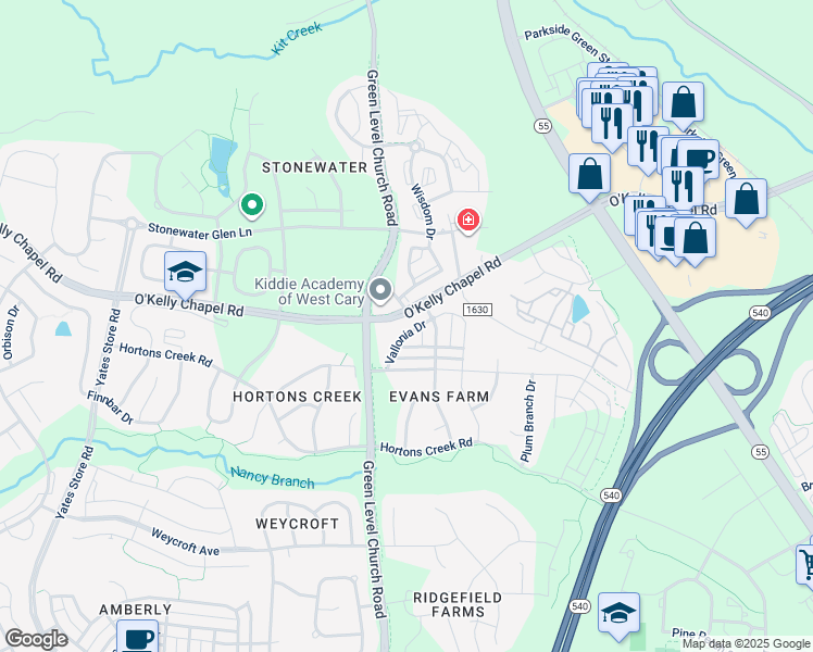 map of restaurants, bars, coffee shops, grocery stores, and more near 4226 Vallonia Drive in Cary