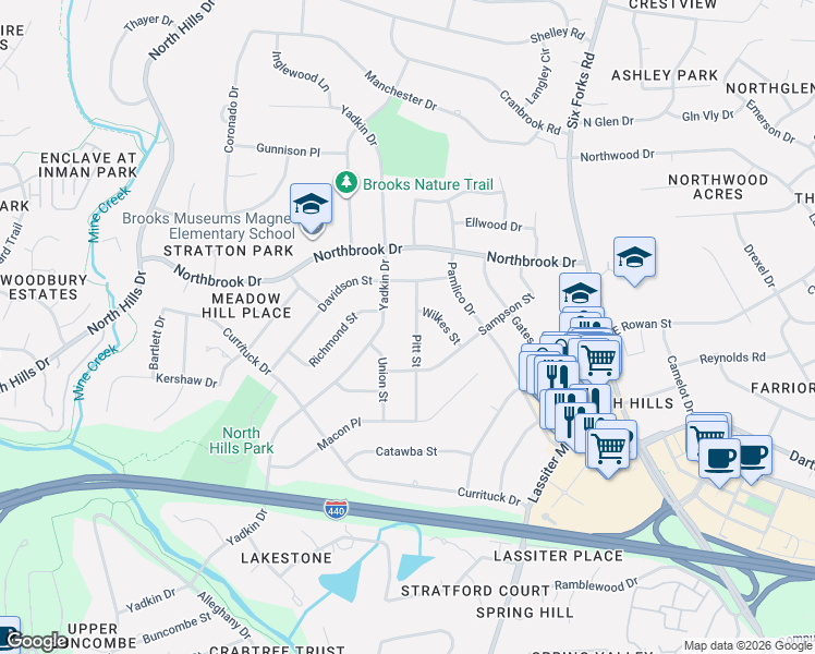 map of restaurants, bars, coffee shops, grocery stores, and more near 4500 Yadkin Drive in Raleigh