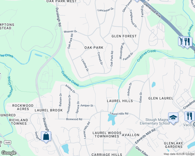 map of restaurants, bars, coffee shops, grocery stores, and more near 4308 Oak Park Road in Raleigh