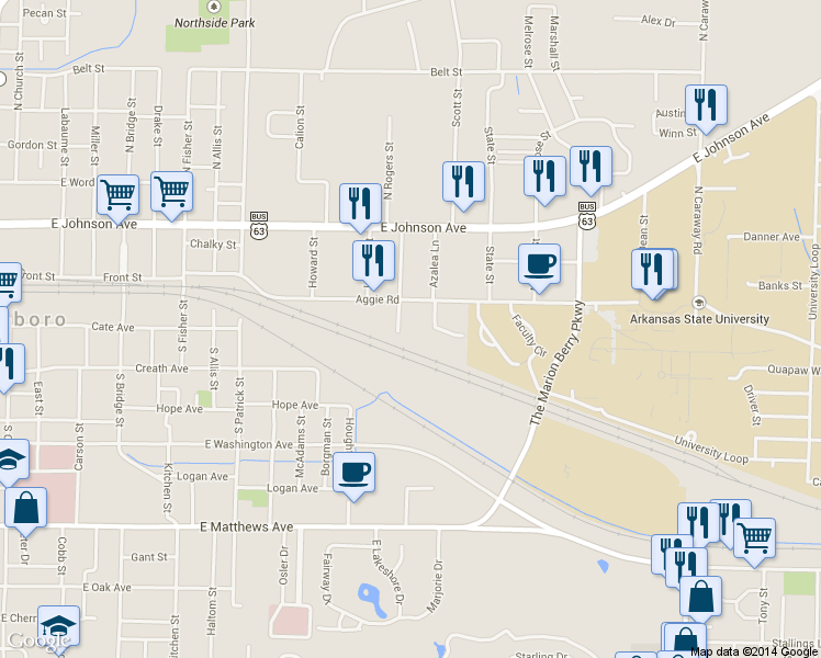 map of restaurants, bars, coffee shops, grocery stores, and more near 98 North Rogers Street in Jonesboro