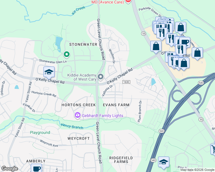 map of restaurants, bars, coffee shops, grocery stores, and more near 4226 Vallonia Drive in Cary