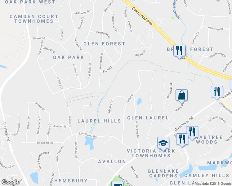 map of restaurants, bars, coffee shops, grocery stores, and more near 4231 Arbutus Drive in Raleigh