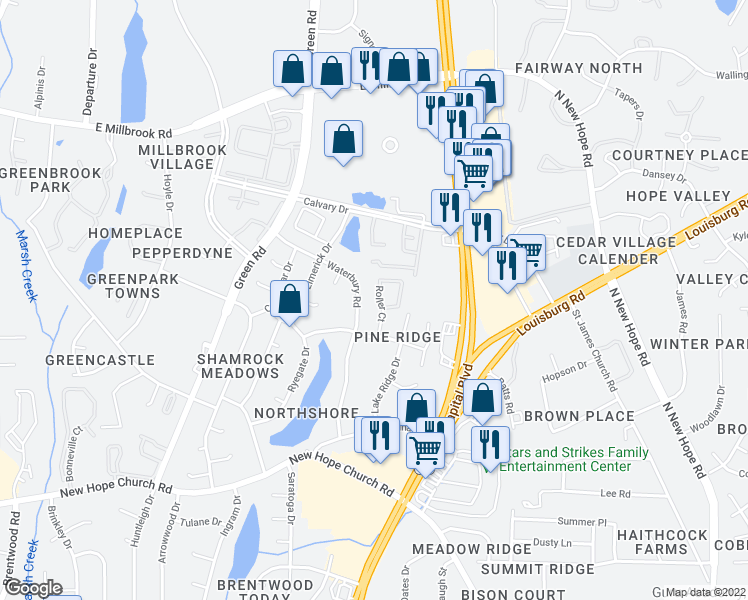 map of restaurants, bars, coffee shops, grocery stores, and more near 4437 Roller Court in Raleigh