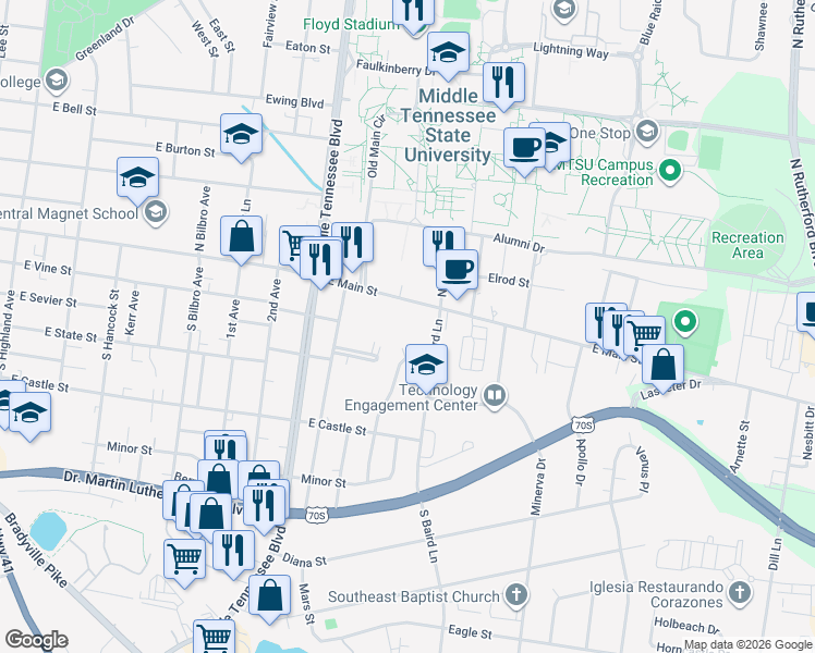 map of restaurants, bars, coffee shops, grocery stores, and more near 1418 East Main Street in Murfreesboro