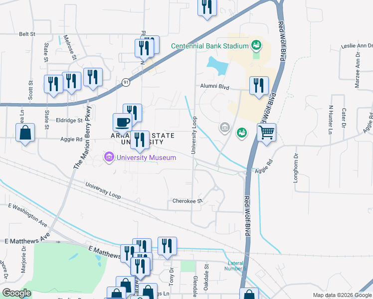 map of restaurants, bars, coffee shops, grocery stores, and more near 103 Robinson Street in Jonesboro