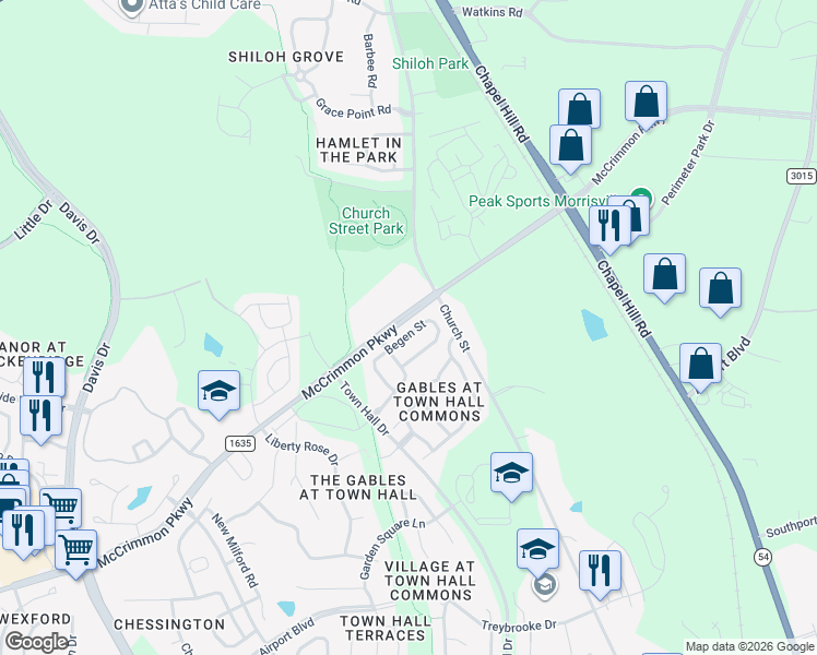 map of restaurants, bars, coffee shops, grocery stores, and more near 5804 McCrimmon Parkway in Morrisville
